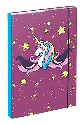 Baagl Carpeta para bolsas escolares A4 con goma elástica y solapas internas - Carpeta para coleccionar con goma elástica para niñas (unicornio) Cover
