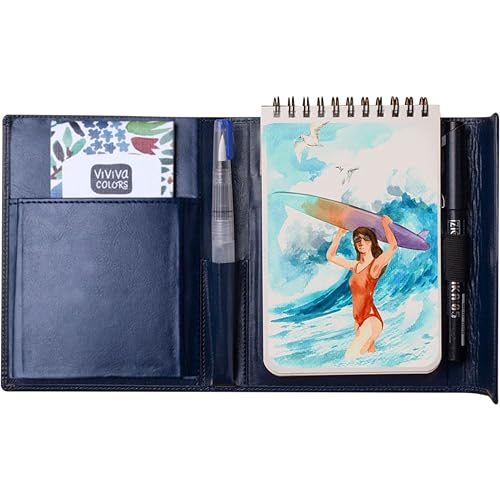 Viviva Colors A6 Travel Paint Set – Portable Watercolor Kit with 16 Colors, A6 Sketchpad, Leather Case, Waterbrush & Marker – Fun, Vibrant, Portable Travel Art Kit for Adults & Kids