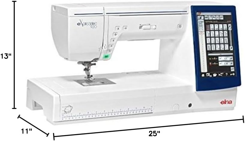 Elna eXpressive 920 machine with dimensions labeled