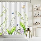 APROPHIC Duschvorhang Blume 180 x 180cm, Grüne Blume & Schmetterling Duschvorhänge, Polyester Wasserdichter Duschvorhang, Badezimmer Dekoration mit 12 Hake