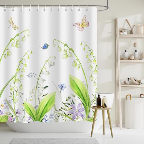 APROPHIC Duschvorhang Blume 180 x 180cm, Grüne Blume & Schmetterling Duschvorhänge, Polyester Wasserdichter Duschvorhang, Badezimmer Dekoration mit 12 Hake