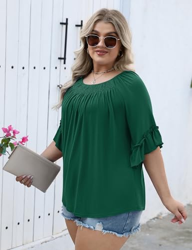 Image of Micoson Womens Plus Size Tops 3 /4 Ruffle Sleeve Crewneck Pleated Shirts