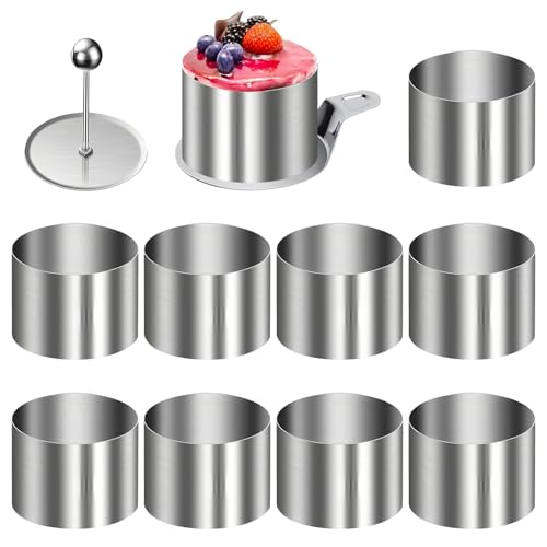 HSUYUN Cercle Gateau 8 cm, 10 Pièces Cercle a Patisserie, Acier Inoxydable Cercle Patisserie, avec Plaque de Base et Élévateur, Argenté Moule Cercle,...