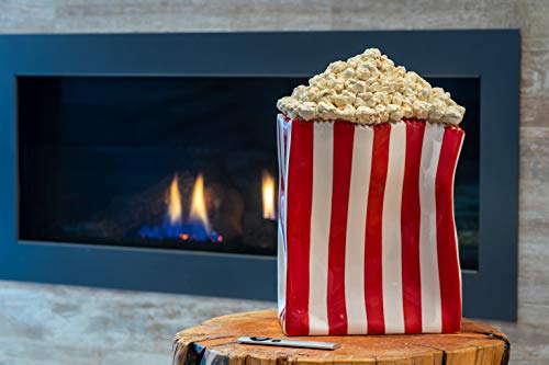 Popcorn University Ceramic Popcorn Container With Lid - Decorative Cookie Jar For Kitchen Counter Food Storage, Table Centerpiece, Vase & More - Red Striped Home Movie Theater Room Décor, 13"X4.5"X8" #TOP1