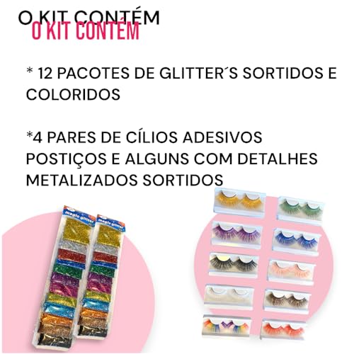 Kit Carnaval Purpurina Glitter Cílios Postiços Maquiagem