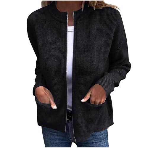 Akivide Women's Long Sleeve Zip Up Ribbed Knitted Cardigan Sweaters Lightweight Cropped Jackets with Pockets - Main Image