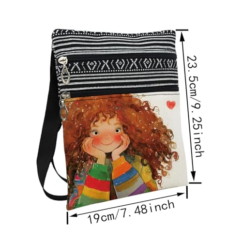 Curly Hair Lady Messenger Bag Small Ethnic Pattern Printed Adjustable Strap Crossbody Zipper Bag Curly Hair Lady Phone Bag Wallet Cute Shoulder Handbag for Women - 22