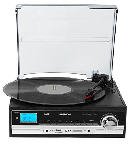 MEDION E69216 (MD 83906) Schallplatten- und Kassettendigitalisierer, MP3-Umwandlung, MP3-Player, Riemenantrieb, 3 Drehgeschwindigkeiten, 2 x 1,5 Watt RMS, schwarz