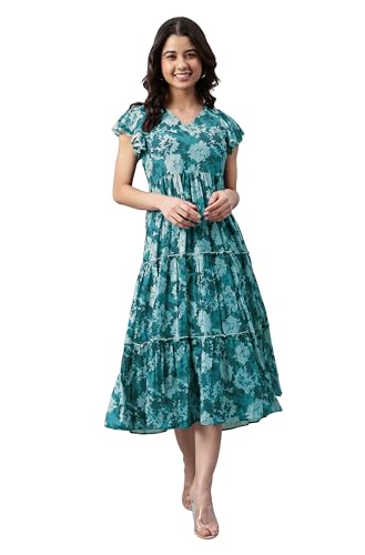 Image of Janasya Women's Georgette Printed Flared Western Dress