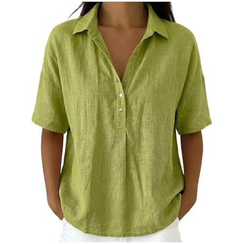 Linen Tunic Tops for Women Cotton Linen Button Down Shirts Short Sleeve Summer Shirt Casual Loose Fit Blouses 2026 Green