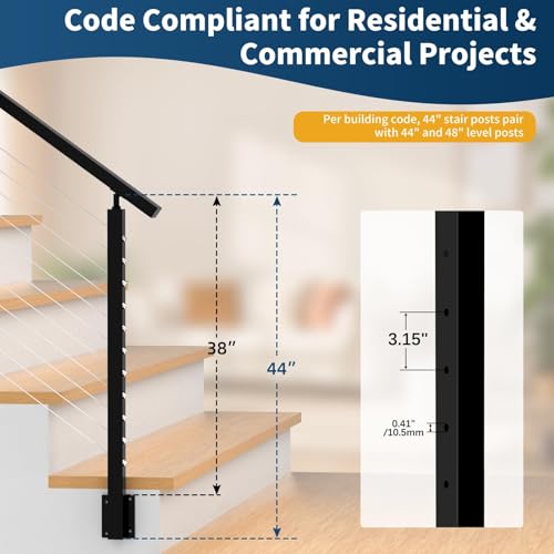 Image of 3 Pack Side Mount Stair Cable Railing Post 36 inch (Post Body 44 inch), Left Side Space-Saving Fascia Mount Deck Post for 36 inch-38 inch Stair Railing, Black Stair Handrail Post for Indoor Outdoor Stairway