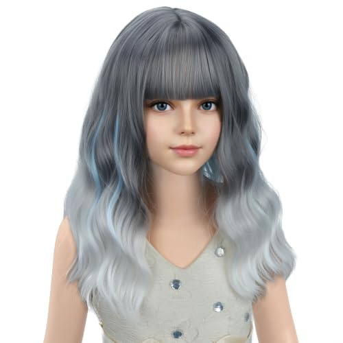 Image of PATTNIUM Girls Gray Ombre White Short Wavy Curly Wig with Bangs Kids Grey Ombre Bob Wigs Synthetic Halloween Costume Cosplay Party Wigs
