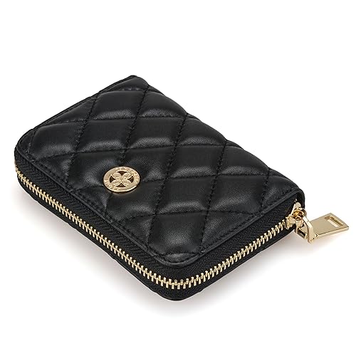 Luxury Quilted Leather Short Small Zipper Compact Wallet Credit Card Holder Zip Around Wallet Coin Purse Business Card Holder Gift for Girl Women Black3