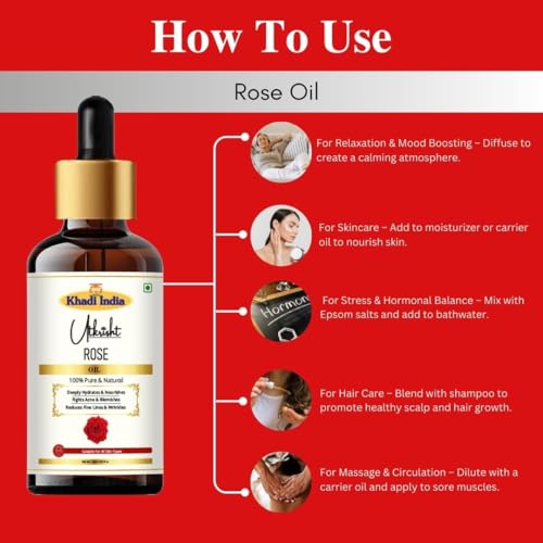 Image of Utkrisht Khadi Rose Essential Oil 15 ml | Pure & Natural Cold Pressed Oil | For Skin & Hair Care, Aromatherapy, Relaxation, Massage & Body Oil | Suitable for All Skin Types | For Men & Women