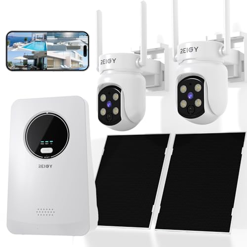 REIGY 4MP Kit Camara de Vigilancia WiFi Exterior/Interior Solar con Tarjeta SD de 64GB, 10CH Sistema Camara Seguridad sin Cable, 2X 360° PT Camera Visión Nocturna, Detección Movimiento, Audio 2 Vias