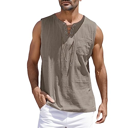 2026 Chaleco sin mangas Hombre Algodón Lin  Camiseta Deportiva Cuello Mao con Cordones Color Sólido Verano Casual Camiseta Camiseta de tirantes Transpirable Chic con Bolsillos Slim Simple De Todos Los