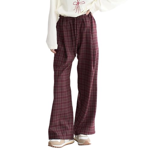 Women's Y2K Goth Baggy Wide Leg Plaid Pants Drawstring High Waist Color Blocking Casual Elastic Waist Trouser