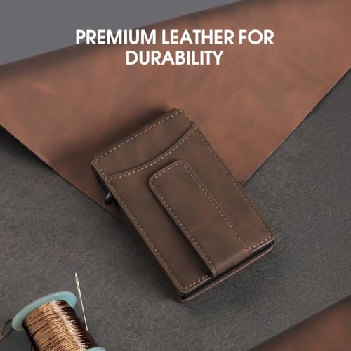 Wallet for Men RFID Blocking Card Holder, Genuine Leather Slim Pop up Card Case, Minimaslit, Front Pocket, 9-13 Card Capacity, ID Window, Money Clip(Coffee)3
