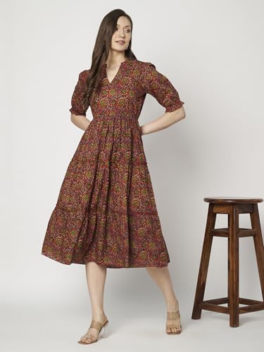 Image of Women's Floral Summer Maxi Dress I Cotton Printed I One Piece Bodycon Midi Dress with V-Neck, Puffed Sleeves