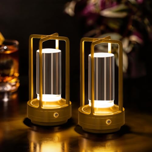 UMLAEN Cordless Table Lamp Rechargeable Battery Operated Crystal Lamp Stepless Dimming Touch Control 3 Color LED Bedside Night Light for Bedroom Dining Room Outdoor Camping Gold (2 Pack)