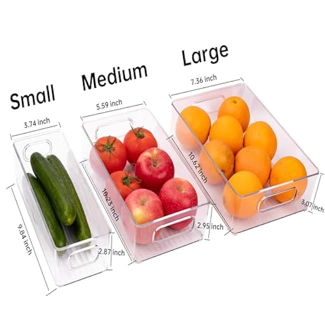 6 Pack Refrigerator Organizer Bins,3 Sizes Clear Pantry Storage with Handles and 30 PCS Plastic Bags for Fridge, Freezer, Shelves, Drawer, Bins, Snack Organizer for Home & Kitchen