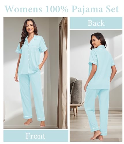 Image of CF Womens 100% Cotton Pajamas Set Button Down Pjs Sets Short Sleeve Top & Long Pants Sleepwear Comfy Loungewear with Pockets