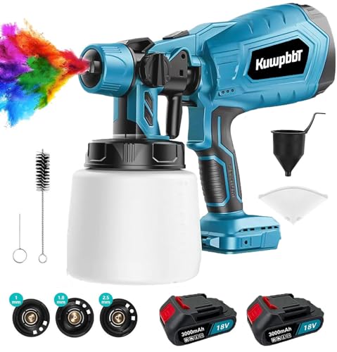 KuwpbbT Pistola per Verniciare, Pistola Vernice a Spruzzo, Verniciatore a Spruzzo per Muri con 2 Batterie（3000mAh）+ 3 Ugelli + 1000ml Contenitore per Verniciatura di Pareti Interne & Esterne