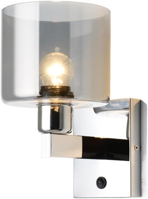 Modern Home Decoration Farmhouse Wall Sconce Chrome Smoke Grey Glass Bathroom Vanity Light Wall Mounted Lamp LED Reading Wall Light with On Off Switch for Bedroom Bedside