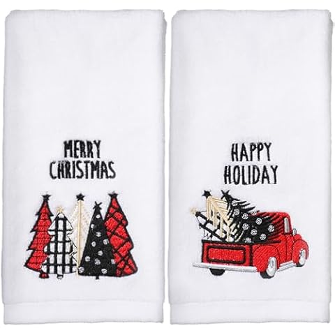 WovWeave 2 Pack Christmas Bath Hand Towels 13.7'' x 29.5'' Cotton Embroidered Red Black Buffalo Plaid Christmas Bathroom Towel Sets Holiday Dish fingertip Towels Decorative for Cleaning Drying Gift Cover