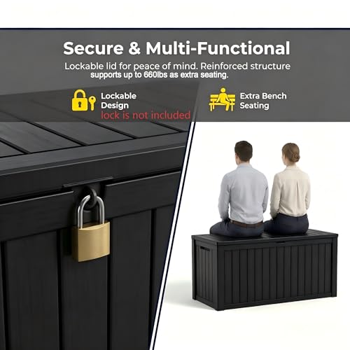 Image of 151 Gallon Resin Deck Box with Lockable Lid - Heavy-Duty Outdoor Storage for Patio Furniture, Garden Tools, Pool Accessories, BBQ Supplies - All-Weather Wood Grain Design
