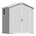 Greesum 6x4FT Plastic Outdoor Storage Shed with Floor, Resin Sheds with Lockable Double Door, Tool Sheds with Window and Vents, for Garden, Patio, Backyard, Light Gray