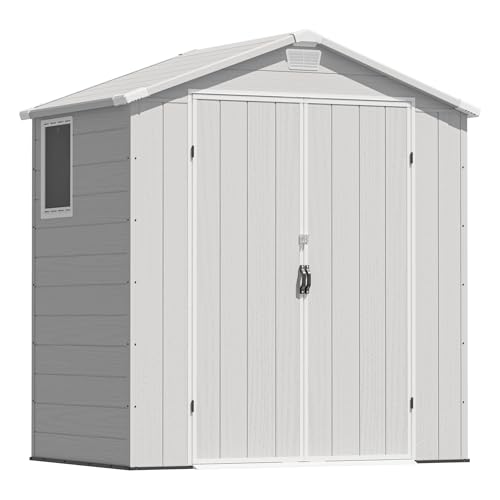 Greesum 6x4FT Plastic Outdoor Storage Shed with Floor, Resin Sheds with Lockable Double Door, All-Weather Tool Sheds with Window and Vents, for Garden, Backyard, Patio, Light Gray