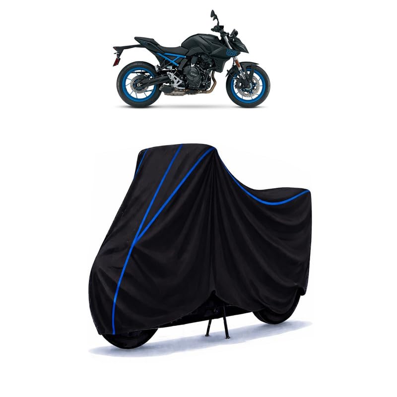 Image of Suzuki GSX 8S Bike Cover Water Resistant Universal Motorcycle Rain | Heavy Duty UV Protection, Dust, Scratch Indoor Outdoor All Weather with Black Blue Piping Elastic