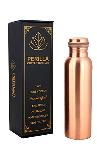 Perilla Home Plain Copper Water Bottle 34 Oz Leak Proof 100% Pure Ayurvedic Copper Vessel with Lid - Drink More Water and Enjoy Health Benefits Immediately/Yoga Bottle