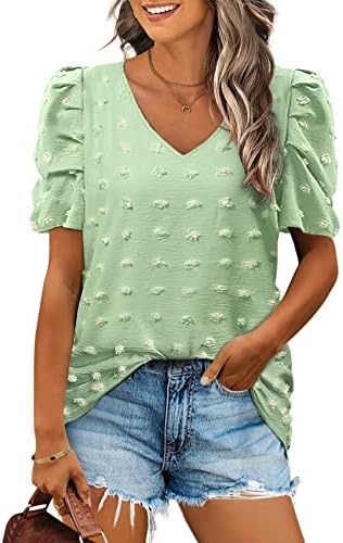 Womens Blouses V Neck Tshirts Loose Fit Puff Sleeve Chiffon Tops Light Green L