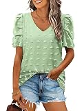 Womens Blouses V Neck Tshirts Loose Fit Puff Sleeve Chiffon Tops Light Green L