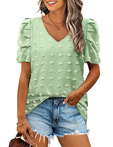 Womens Blouses V Neck Tshirts Loose Fit Puff Sleeve Chiffon Tops Light Green L #TOP27