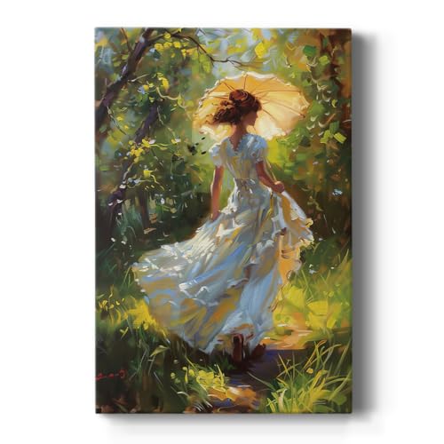Renditions Gallery Wall Art Paintings & Prints Woman in White Dress Walkin in Green Forest Canvas Wall Hangings for Lounge Drawing Room Balcony - 8" X 12" LT565