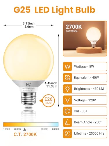 Image of TJOY G25 LED Globe Light Bulbs, Vanity Bulb for Bathroom 40W Equivalent | 2700K Soft Warm White E26 Base, Round Decorative Bulb for Vanity Makeup Mirror, CRI85+, 450LM, Non-Dimmable, UL, 4 Pack