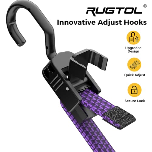 Image of Rugtol Bungee Cords with Hooks, 48 Inch Adjustable Flat Bungee Straps with Quick Release Buckle, Black Purple Heavy Duty Elastic Cords with Metal Hooks for Bike Rack, Camping, Outdoor, Tarp, 6 Pack