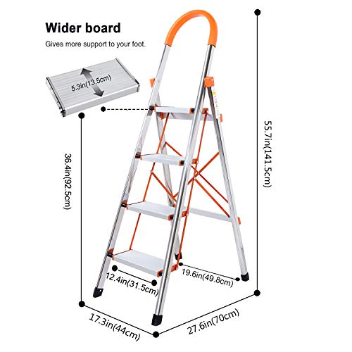 4-Step Stool Ladder Portable Folding Anti-Slip with Rubber Hand Grip 330lbs Capacity,Silver Household Stepladders