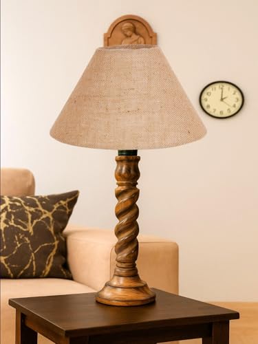 Devansh Natural Wooden Base Table Lamp for Living Room | Modern Bedside Light with Shade | Decorative Night Lamp for Bedroom, Study, Office | Home...