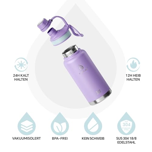 Ideus Vakuumisolierte Wasserflasche, 950 ml Edelstahl Doppelwand Flasche Metall Sport Kantine mit auslaufsicherem Schraubverschluss – Ansicht 2
