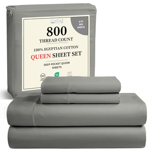 Egyptian Cotton Sheets Queen Size Bed Set Deep Pockets, 800 TC Cotton Queen Sheet Set, Soft Breathable Sateen Weave Elasticated Sheet & Pillowcase Sets, No Pill & Shrink, Machine washable- Silver