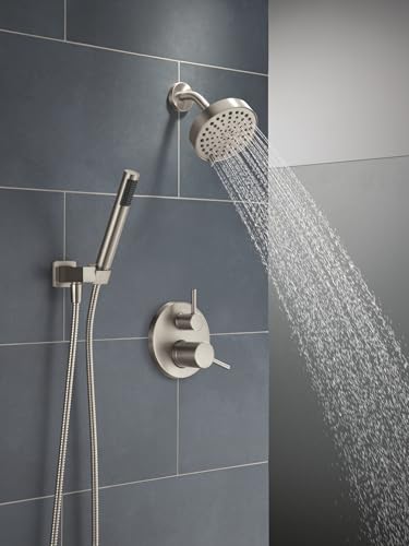 Image of Delta Modern Round Shower System Faucet Set, Brushed Nickel 6-inch Shower Head and Handle Set, Valve Trim Kit, SpotShield Stainless T342704-SP (Valve Not Included)