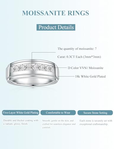 2.1 Carats 7 Stone Princess Cut Moissanite Rings for Men Women Moissanite Eternity Wedding Band Ring D Color VVS1 Moissanite Channel Set, Sterling Silver with 18K White Gold Plated Men Moissanite Ring4