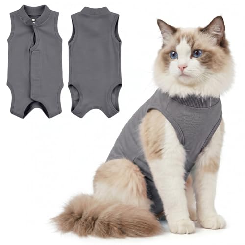 AYESY Trajes de Recuperación para Gatos, 2 Piezas Profesional Body de Recuperación Heridas Abdominales Suave Transpirable Pijama contra Lamer para 3.6-6.3 Kg Gato Esterilización Gris L