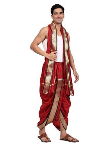 Image of Rameshwaram Fabrics Readymade Dhoti for Men, Velcro Style Stitched Mens Silk Dhoti Pant with Stole Set