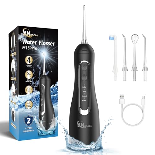 JNGOODS Cordless Water Dental Flosser Oral irrigator,JNGOODS 300ml Rechargeable Water flosser for Teeth IPX7 Waterproof 4 Modes Portable Oral Irrigator with 4 Jet Tips, Travel Home use