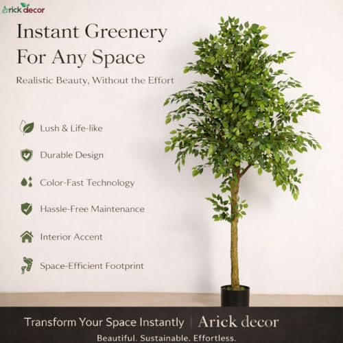 Image of ARICK DECOR 6.5Ft Large Artificial Ficus Tree - 6.5ft Tall Faux Lush Fig Tree with Natural Wood Trunk in Pot - Realistic Greenery for Living Room, Office, Hotel & Indoor Decor (99.7W x 200H cm)